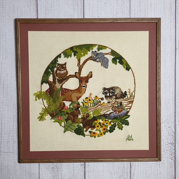 Vintage 1984 “Babes in the Wood” Needlepoint Crewel Framed Woodland Art, 21x21 - Picture 8 of 8
